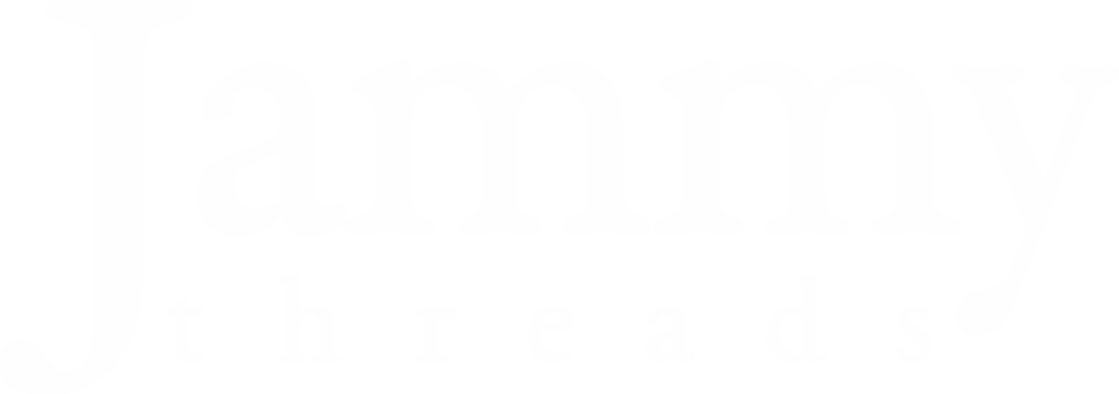 Official white logo for Jammy Threads custom clothing and printing studio in UK.